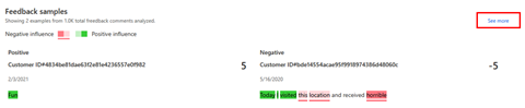 Screenshot of example feedback records highlighted with positive and negative sentiment words.