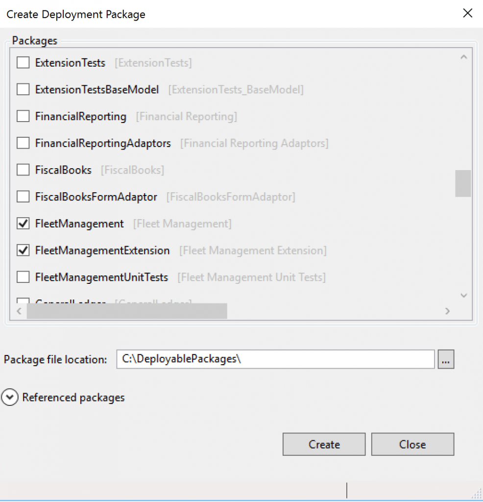 Screenshot of the Create Deployment Package dialog in Visual Studio.