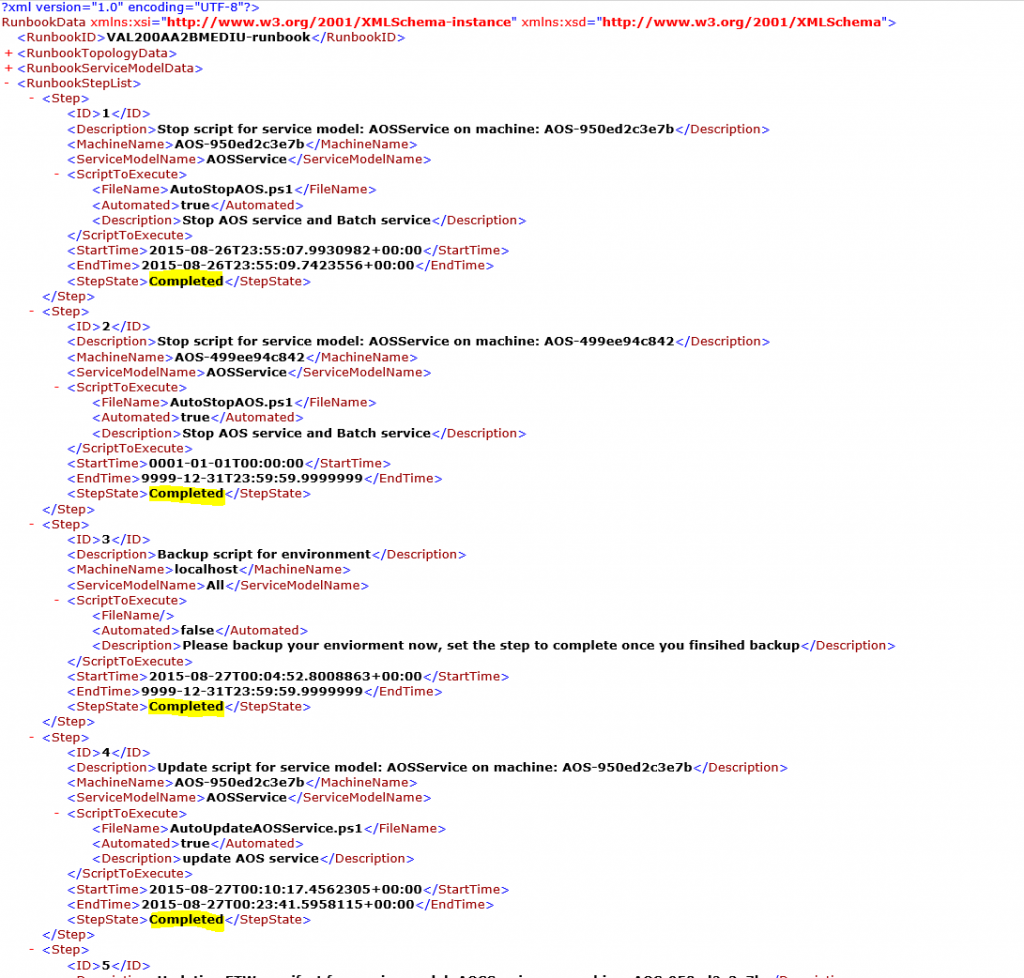 Screenshot of completed steps in a runbook.