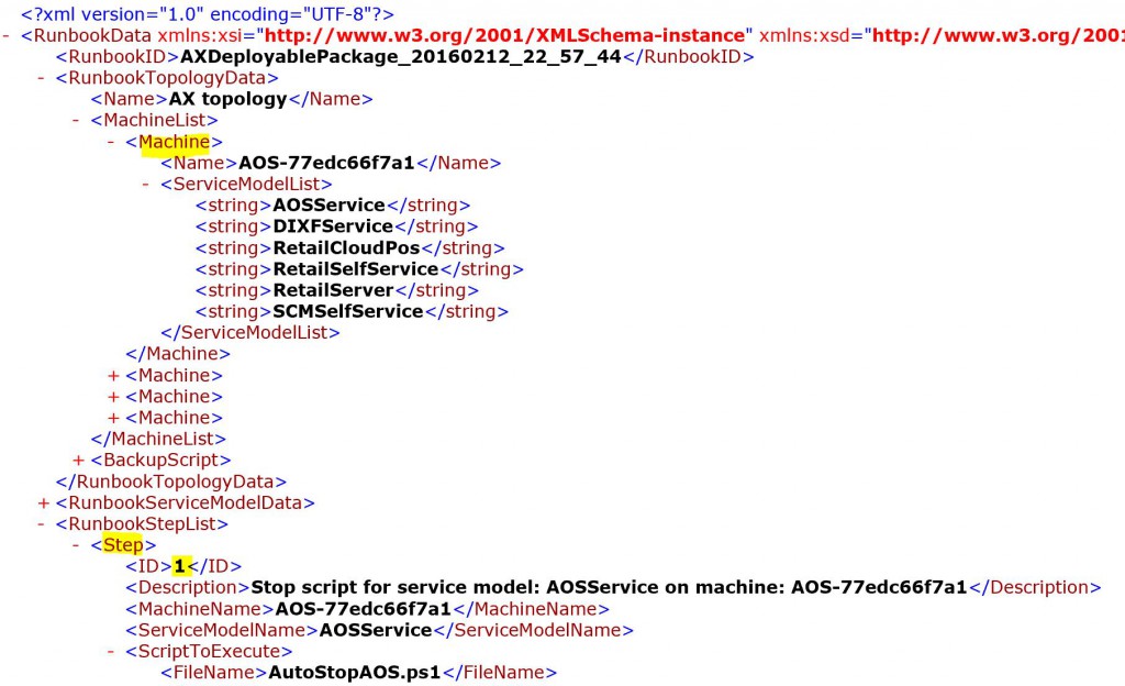 Screenshot of an example runbook file showing steps with IDs, machine names, and execution details.