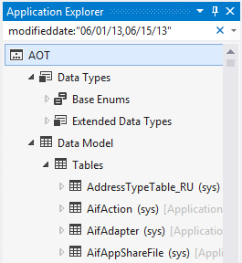 Screenshot of Application Explorer filtering by modified date range.