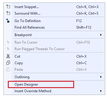 Screenshot of the context menu with the Open Designer option in the code editor.