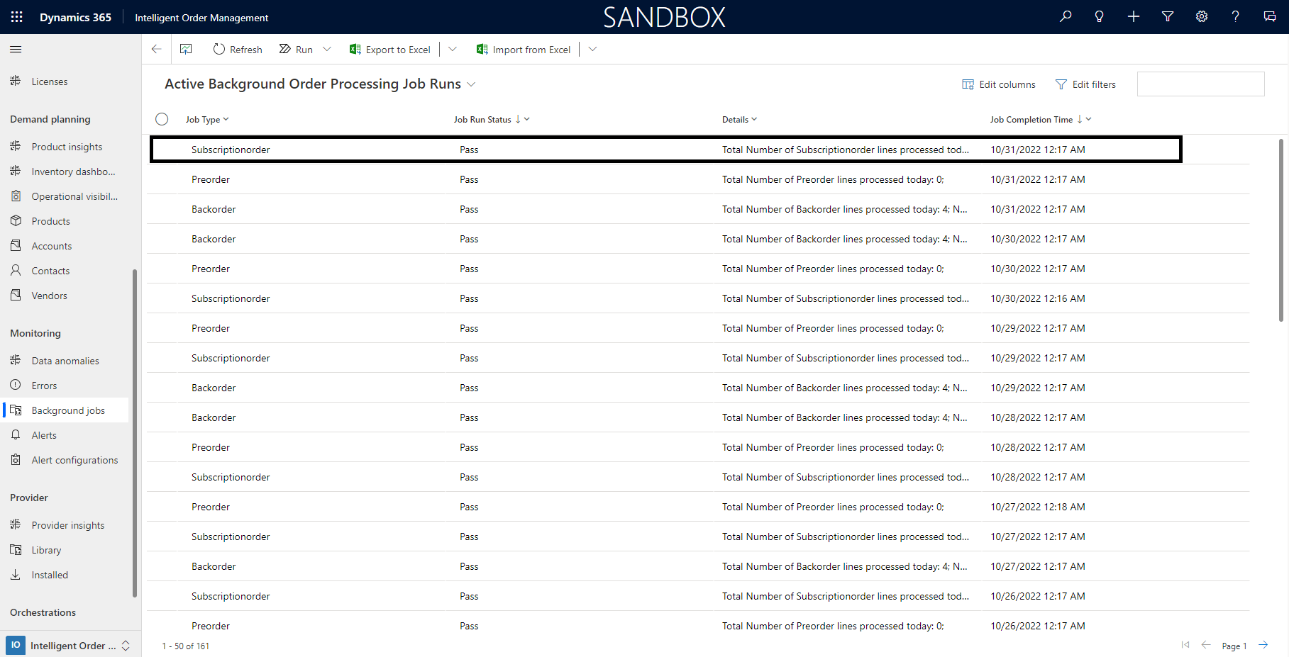 Screenshot of the job log on the Active Background Order Processing Job Runs page.
