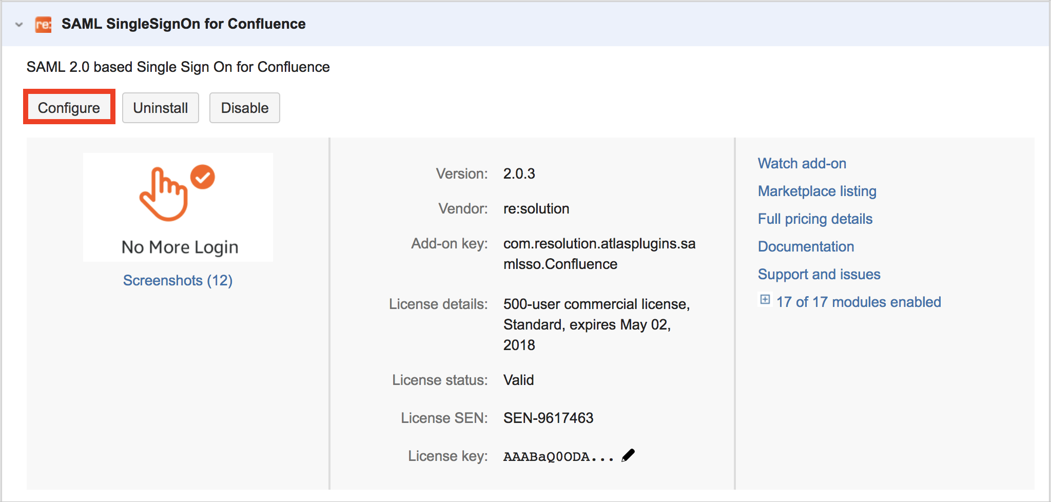 Screenshot that shows the "Manage" page with the "Configure" button selected.