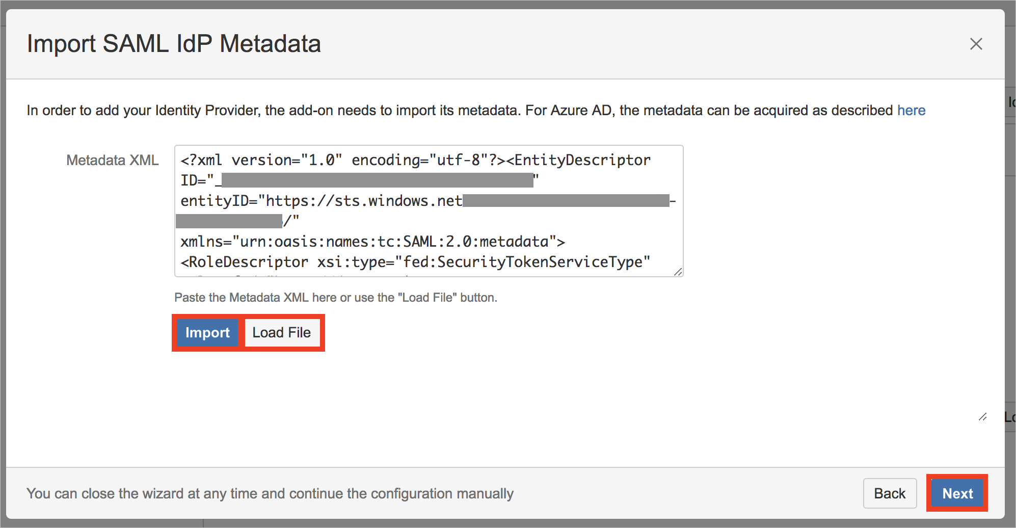 Screenshot that shows the "Import S A M L I d P Metadata" page with the "Import", "Load File", and "Next" buttons selected.