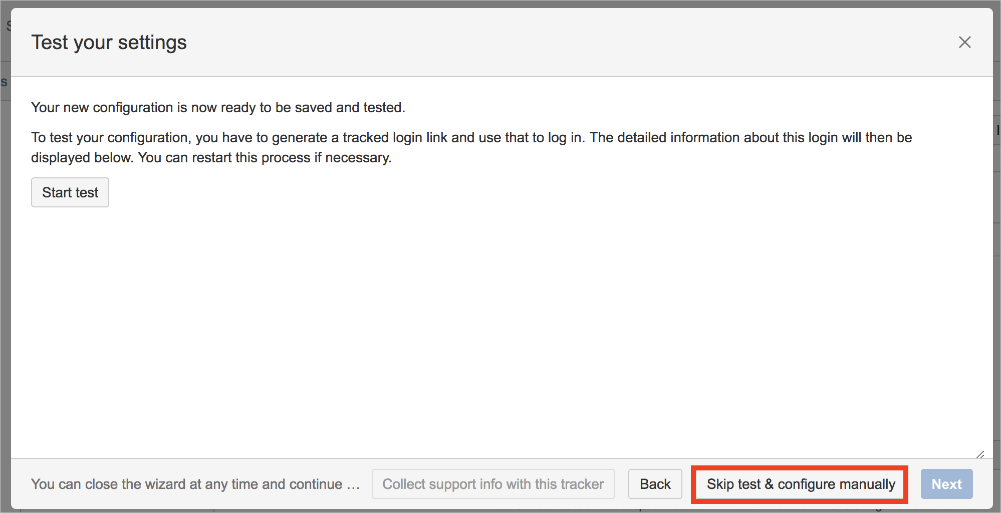 Screenshot that shows the "Test your settings" page with the "Skip test & configure manually" button selected.