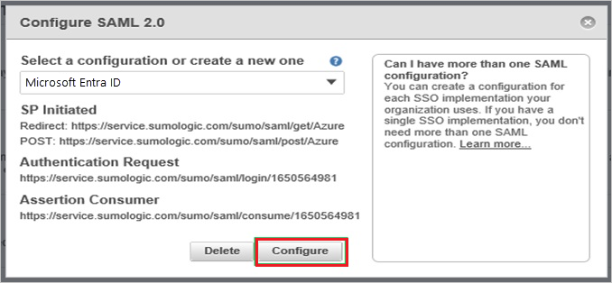 Screenshot shows Configure SAML 2.0 where you can select Microsoft Entra ID.