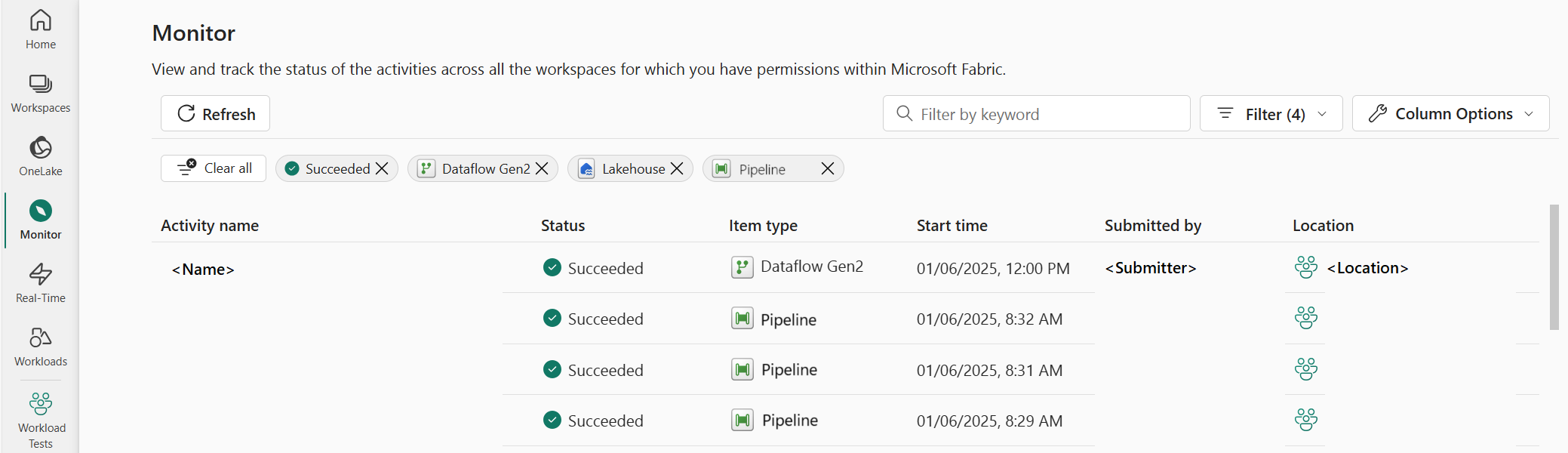 Screenshot showing the monitoring hub and the items of Data Factory.