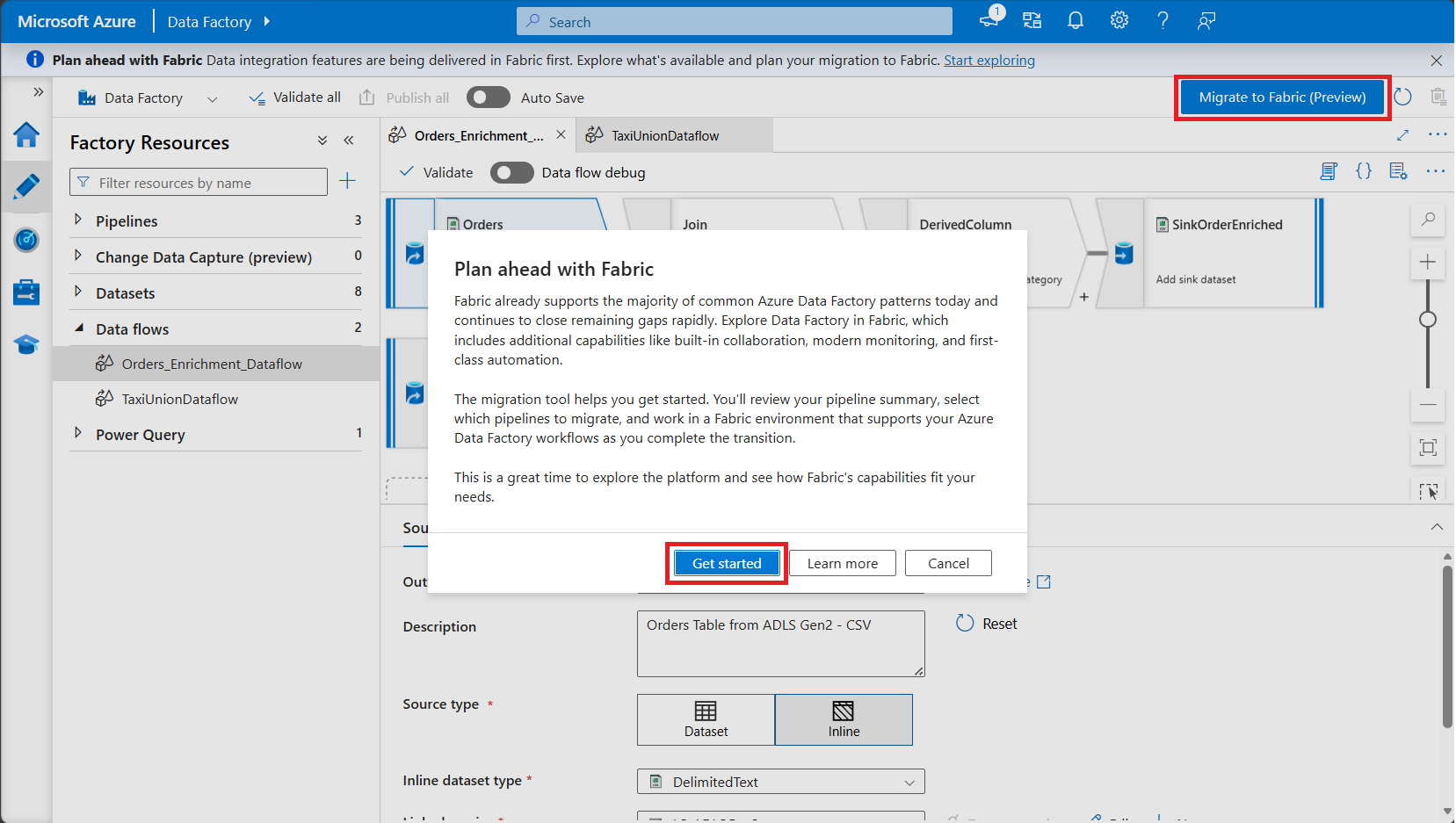 Screenshot of the Azure Data Factory portal showing the Migrate to Fabric (Preview) option and Get started button.