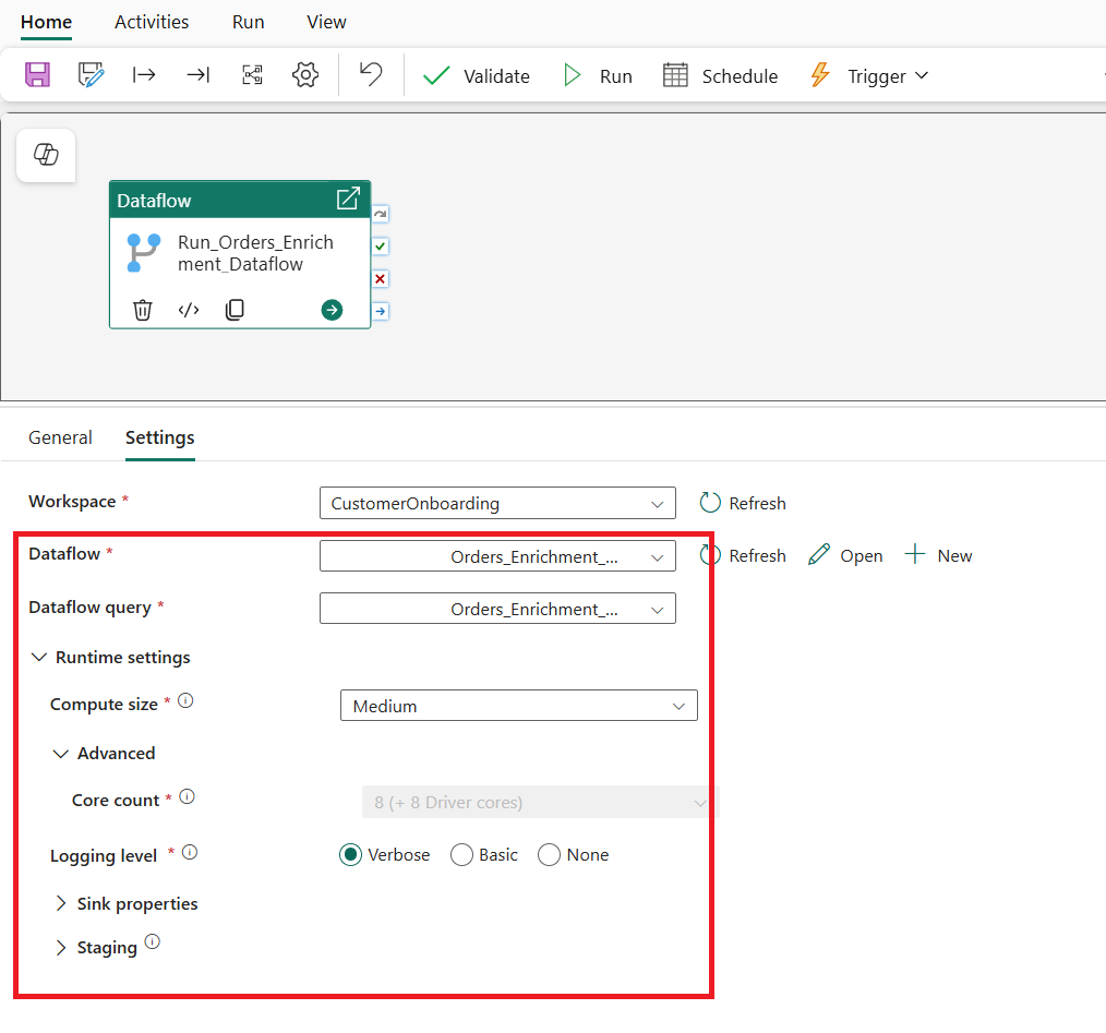 Screenshot of the pipeline editor showing the Dataflow activity configuration for a mapping data flow transform.