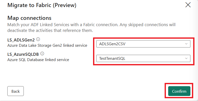 Screenshot of the Map connections page for mapping Azure Data Factory linked services to Fabric connections.