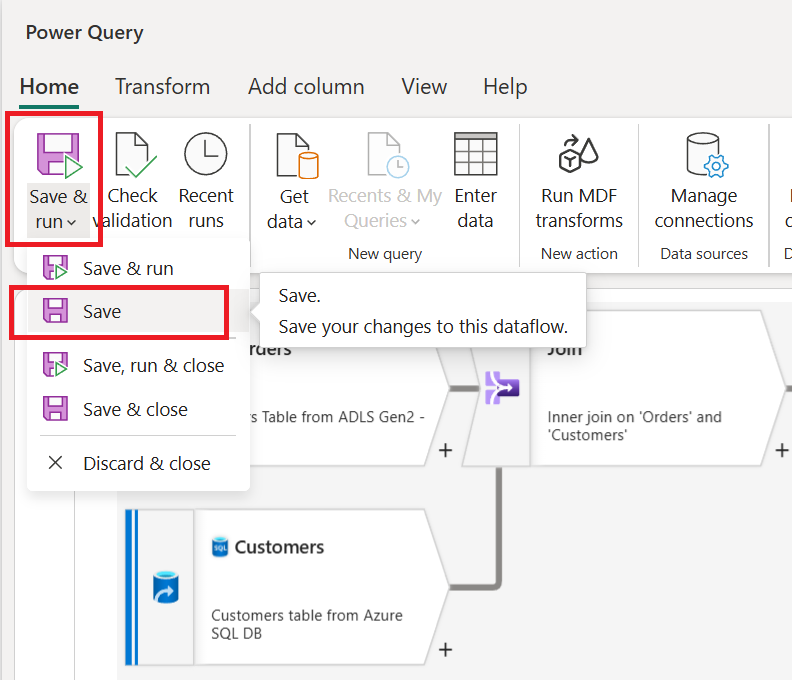Screenshot of the Save and run menu in the mapping data flow transform authoring experience.
