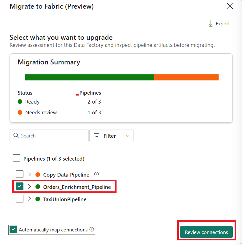 Screenshot of the pipeline selection screen showing pipelines ready for migration.