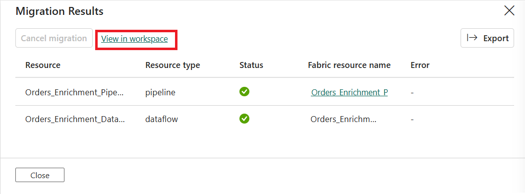 Screenshot of the migration results page showing migrated resources and their statuses.