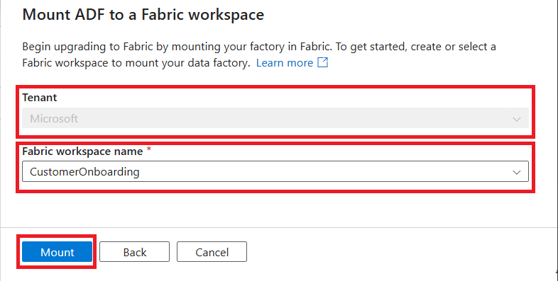 Screenshot of the Fabric workspace selection screen used to mount an Azure Data Factory instance.