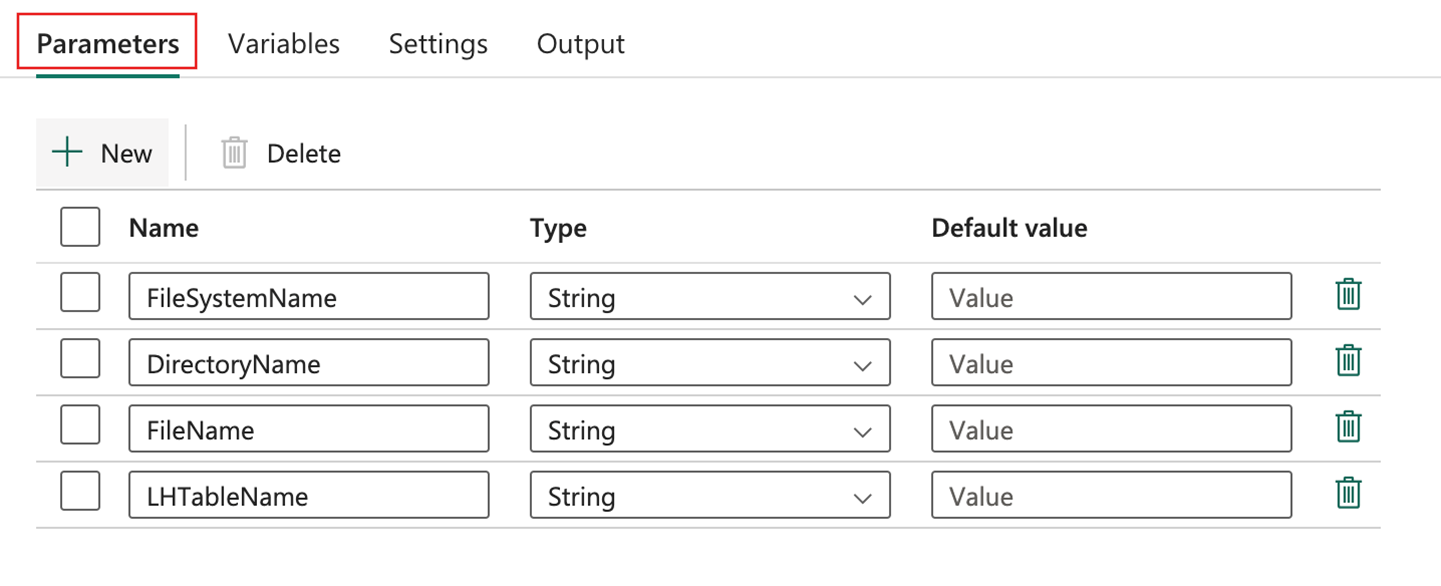 Screenshot showing the pipeline properties with the Parameters tab selected and several parameters added.