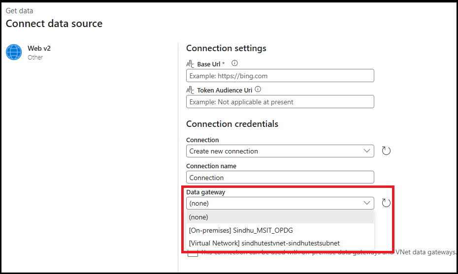 Screenshot showing the data gateway connection dialog for the Web activity.