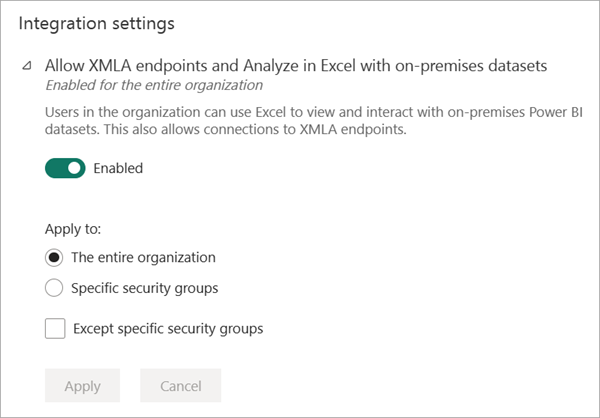 Screenshot of enabling allow xmla endpoints and analyze in excel with on-premises semantic models.