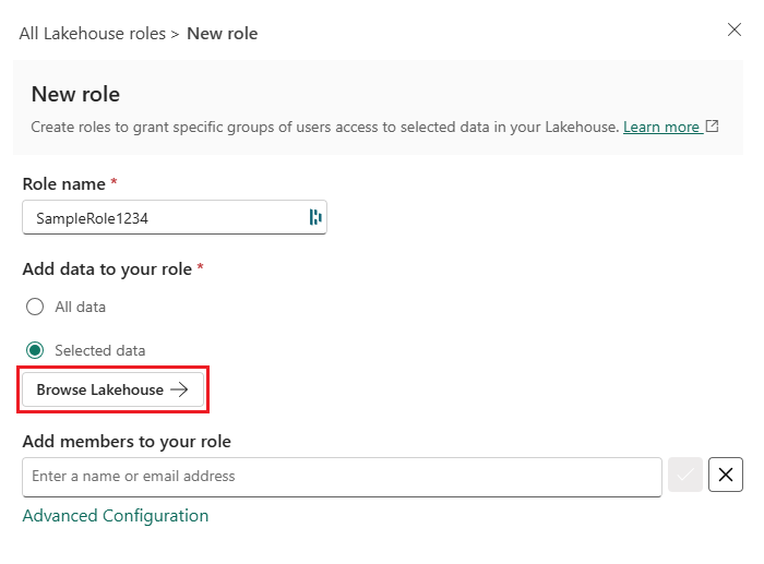 Screenshot that shows the 'browse lakehouse' option to select data.