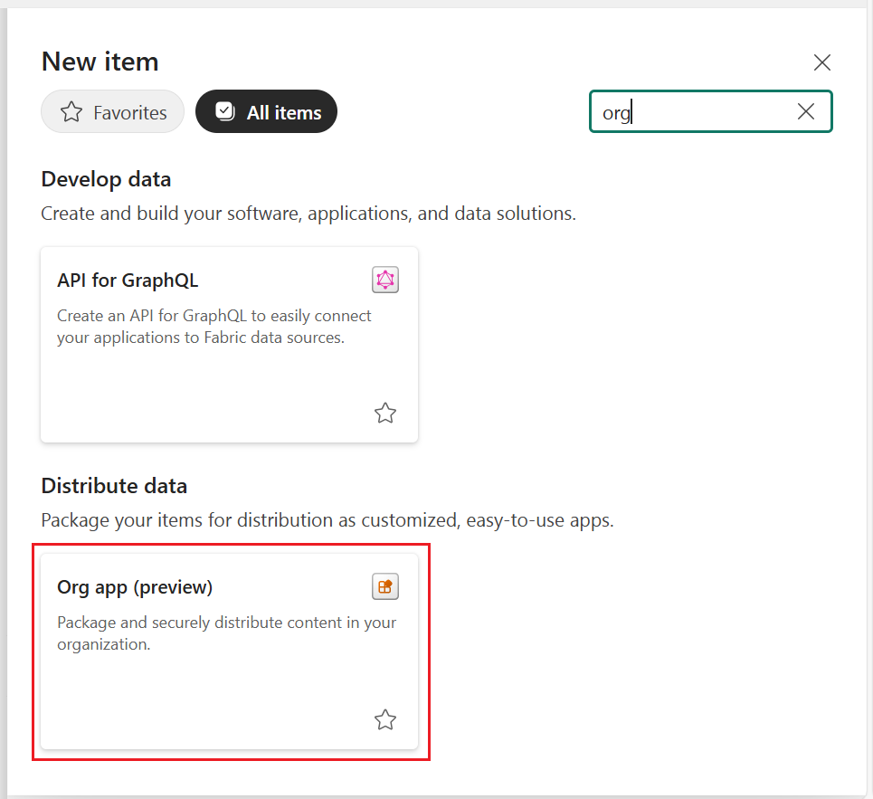 A screenshot showing the 'Org app (preview)' button in the New Item pane.