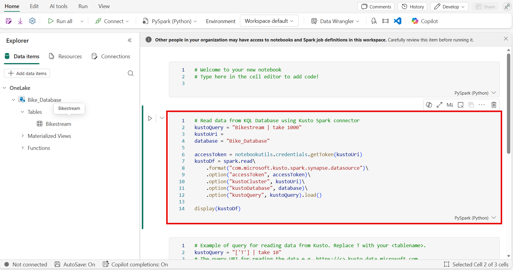 Screenshot of the Notebook after data from the KQL database was loaded. The code snippet is highlighted.