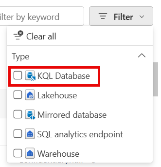 Screenshot of the OneLake catalog filter, with a KQL database filter highlighted.