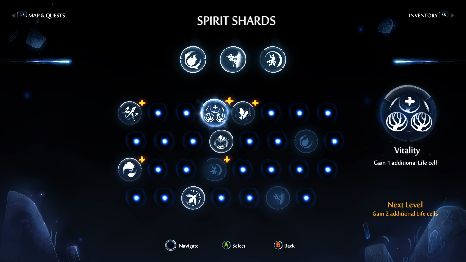 The spirit shards menu in Ori and the Will of the Wisps. There are rows of orbs to indicate a collected shard. There are small blue dots for shards that haven't been found.
