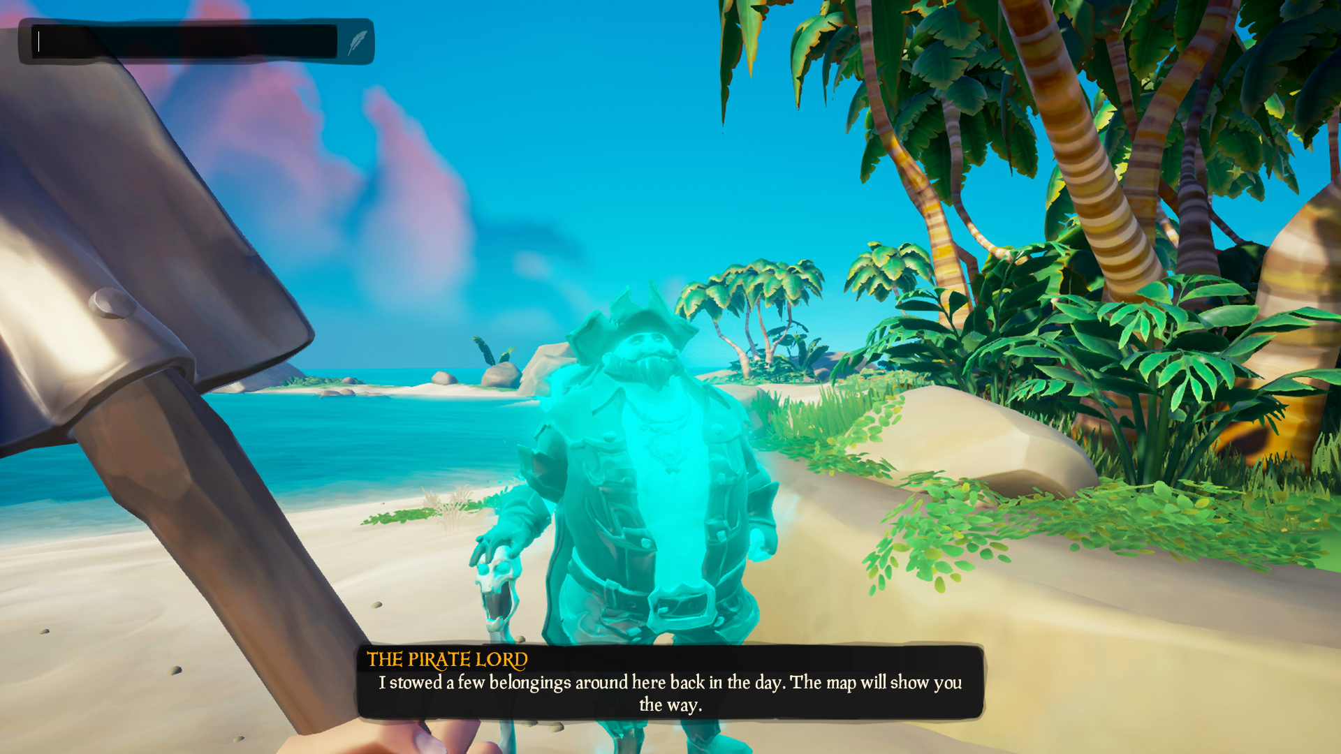 A screenshot from Sea of Thieves that shows an interaction with a ghostly pirate on a beach. On the upper-left corner of the screen, a text-entry box is displayed with a cursor in it.