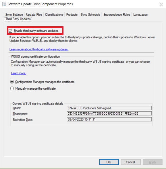 Third-party updates SUP properties screenshot