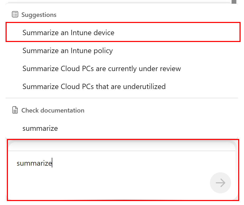Screenshot that shows the summarize an Intune device Copilot prompt in Microsoft Intune or Intune admin center.