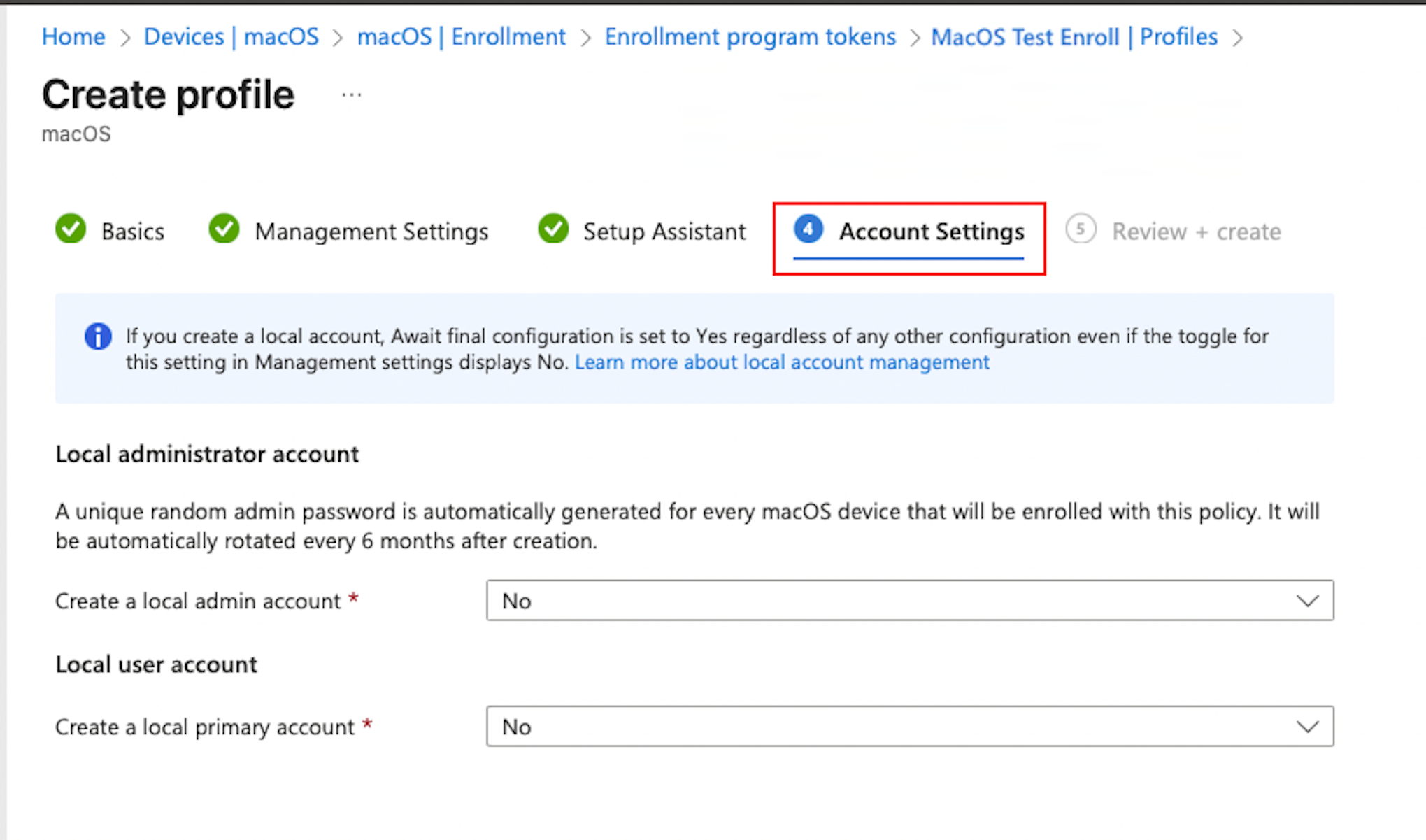 Image of admin center showing new Account settings section in the macOS automated device enrollment profile.