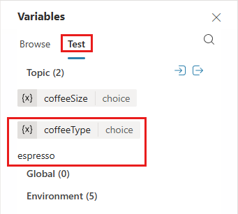 Screenshot of the Test tab of the Variables panel showing one topic variable with a value and one that doesn't have a value.