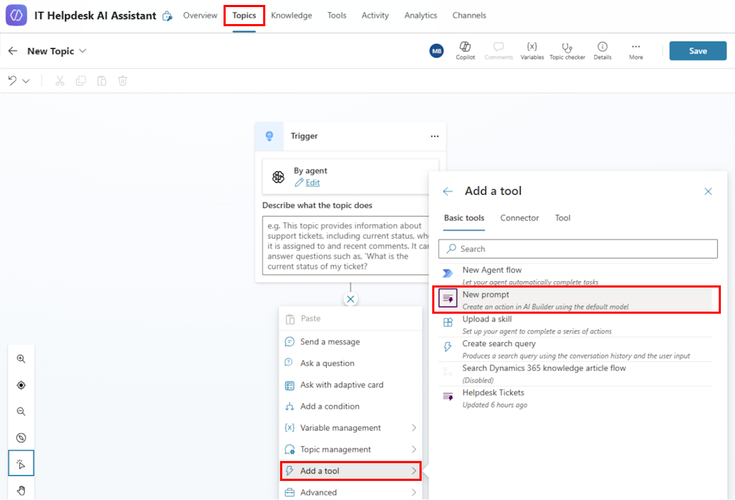 Screenshot of adding a tool in the 'Topics' tab.