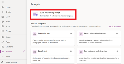 Screenshot of selecting build your own prompt in AI hub.