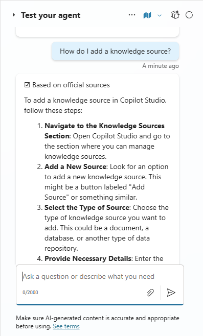 Screenshot of a test question in the test chat.