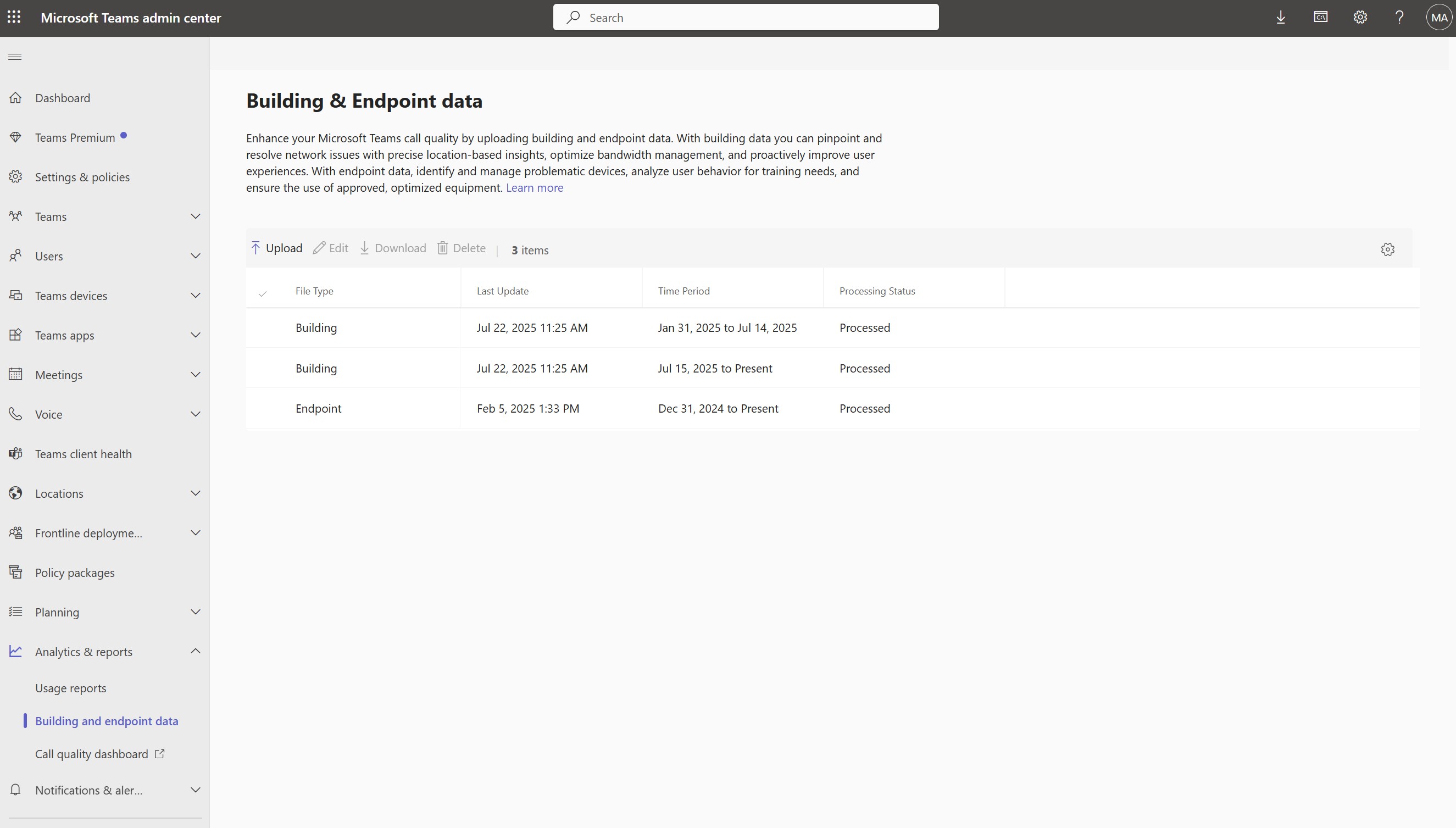 Image of the building and endpoint data page in Teams Admin Center