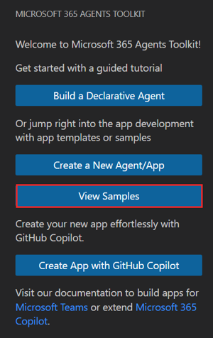 Screenshot shows the View Samples option in Visual Studio Activity Bar.