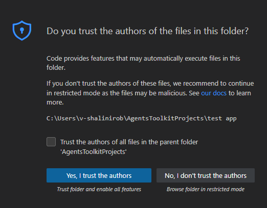 Screenshot shows the dialog to trust or not the authors of the files in this folder.