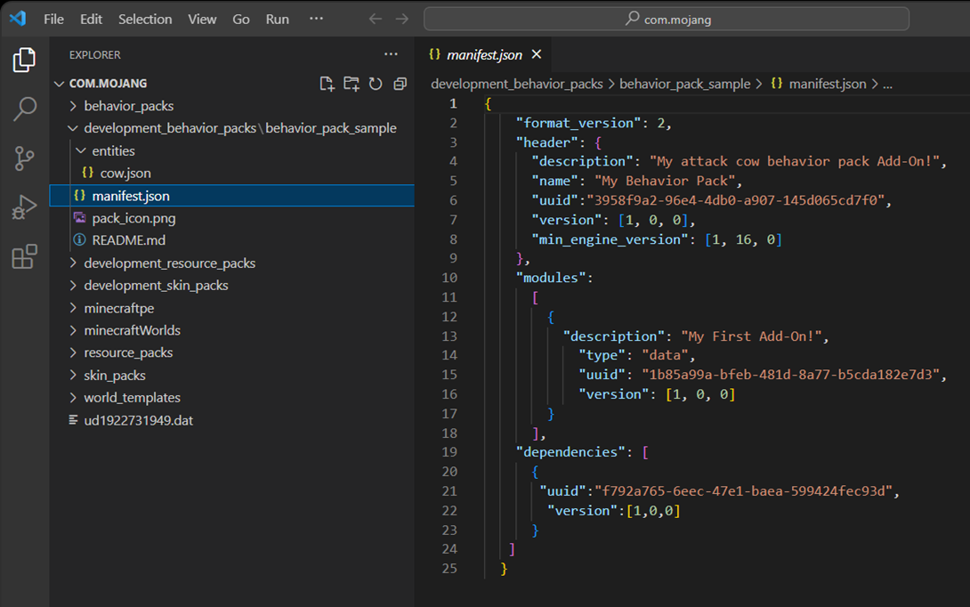 Image of a behavior pack manifest.json file