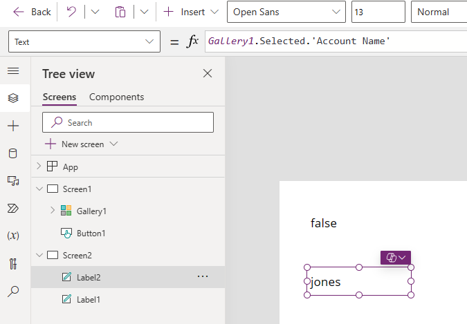 Screenshot of Power Apps Studio showing a cross-referenced control.