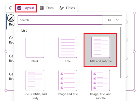 Screenshot that shows the Layout tab with Title and subtitle tile selected.