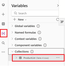 Screenshot that shows the Collections section of the Variables list.