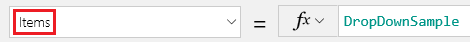 Screenshot that shows the Items property next to the formula bar.