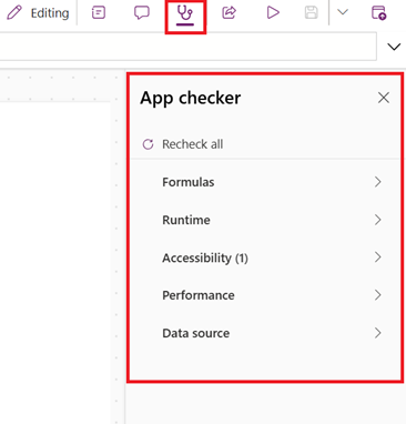 Screenshot of Power Apps Studio highlighting the App checker icon and the App checker panel listing formula issues and accessibility recommendations.
