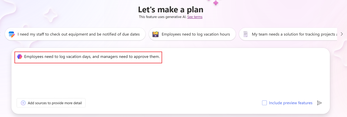 Screenshot of the plans interface showing a text box for entering business scenarios.