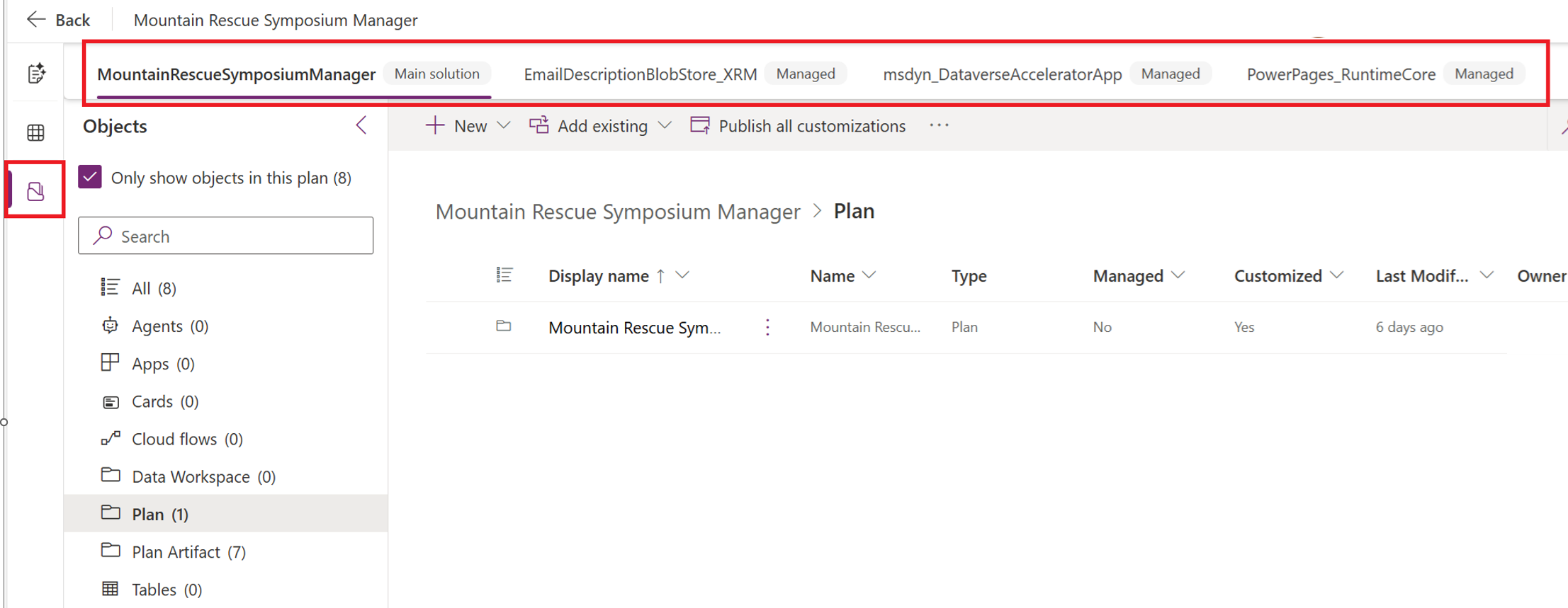 Screenshot of the Objects view in plans that shows objects in a solution.