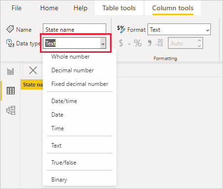 Screenshot of Table View, showing the Data type dropdown selection.