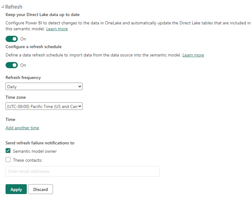 Screenshot of scheduled refresh settings showing frequency and time slots for a semantic model.