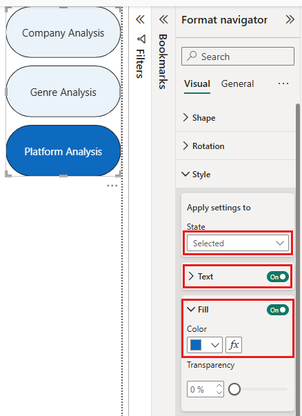 Screenshot of the Format navigator pane with the State, Text, and Fill settings highlighted. A selected navigator button is darker than other buttons.