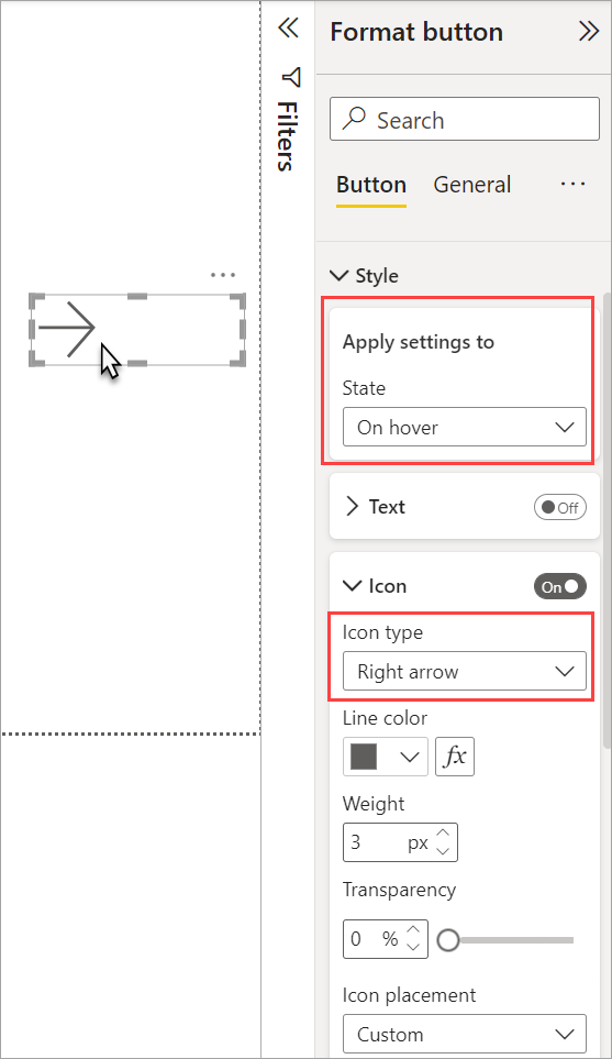 Screenshot of the On hover state of a button in a Power BI report.